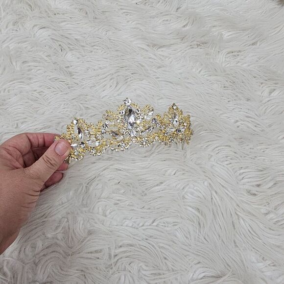 Gold Bridal Tiara Diamond Embellished Rhinestone Costume Headband Wedding Crown - Picture 1 of 6